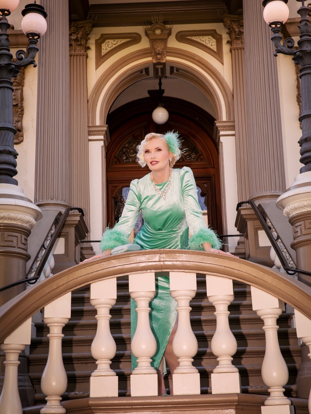 Seafoam Green Velvet Dress with Feather Trim